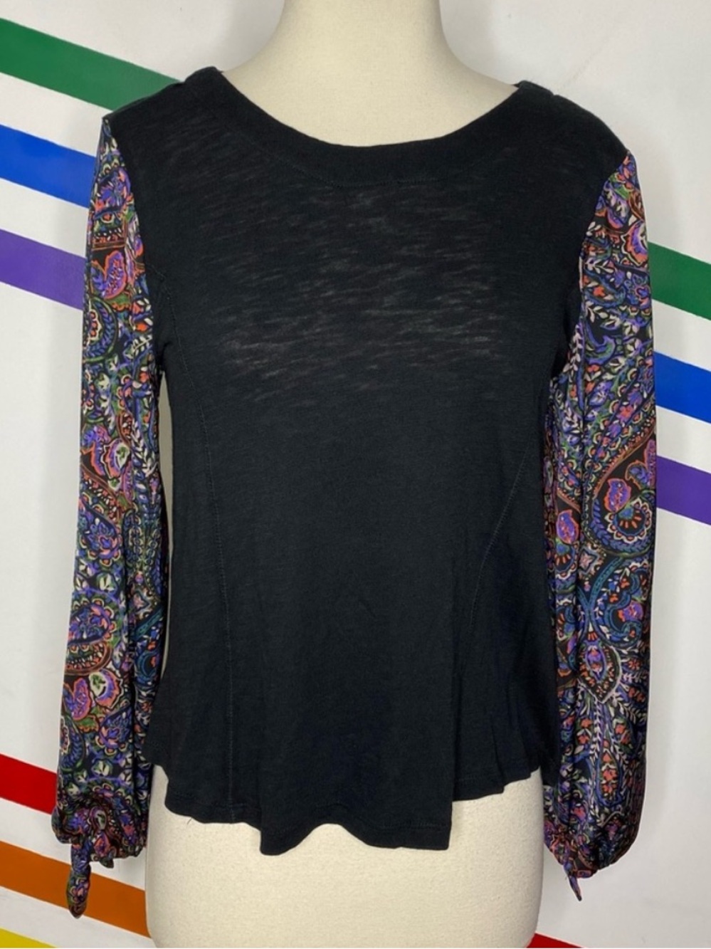 Anthropologie Akemi Kin Maybelle Paisley Tied Balloon Sleeve Top XS Black